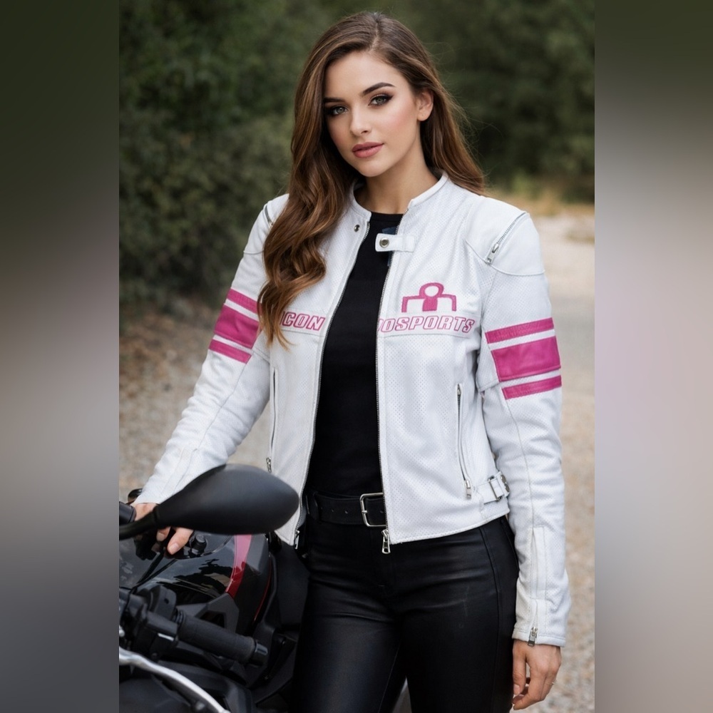 Icon Pursuit Jacket Kitty White & Pink Moto Sports Leather Jacket size XL NWOT